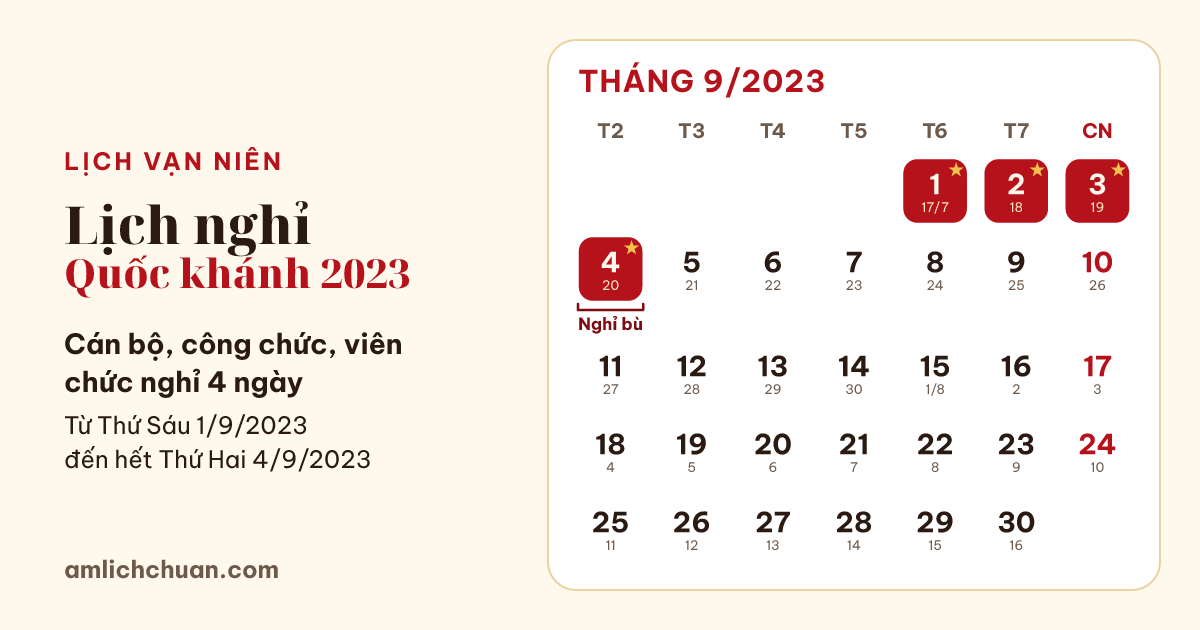 Lịch nghỉ Quốc khánh 2023 của cán bộ, công chức, viên chức: nghỉ 4 ngày, từ Thứ Sáu 1/9/2023 đến hết Thứ Hai 4/9/2023, các ngày nghỉ được tô trên lịch tháng có ngày âm.