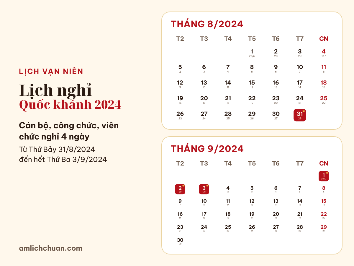 Lịch nghỉ Quốc khánh 2024 của cán bộ, công chức, viên chức: nghỉ 4 ngày, từ Thứ Bảy 31/8/2024 đến hết Thứ Ba 3/9/2024, các ngày nghỉ được tô trên lịch tháng có ngày âm.