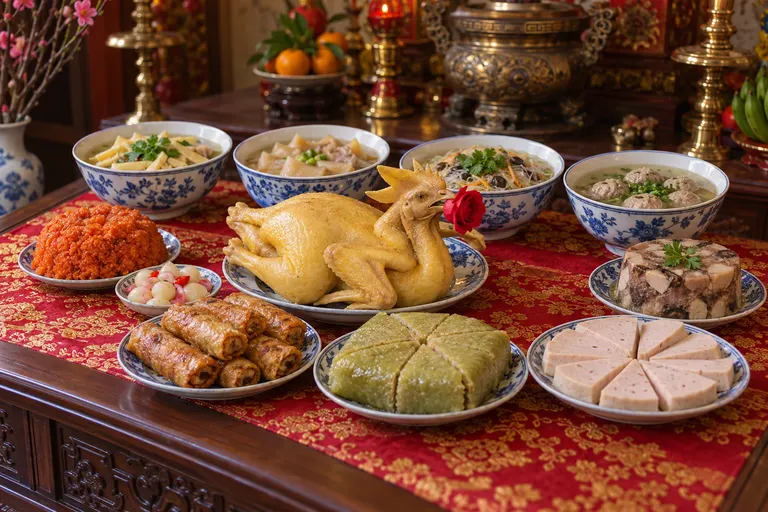 Mâm cỗ Tết miền Bắc: gà luộc nguyên con ngậm bông hồng ở giữa, các bát canh măng, canh bóng, miến, mọc; các đĩa xôi gấc, nem rán, bánh chưng cắt miếng, giò lụa, thịt đông và dưa hành.
