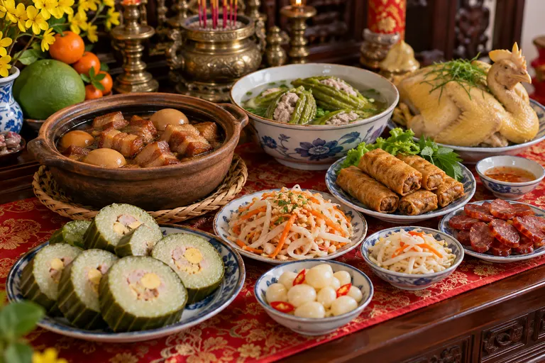 Mâm cỗ Tết miền Nam: nồi đất thịt kho hột vịt, tô canh khổ qua nhồi thịt, gà luộc, đĩa chả giò với rau, bánh tét cắt khoanh, gỏi ngó sen, lạp xưởng, dưa giá và dưa kiệu.