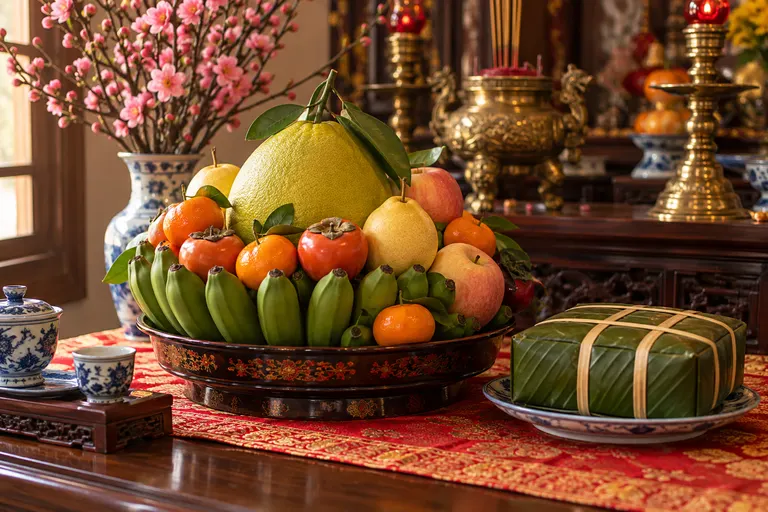 Mâm ngũ quả miền Bắc trên bàn thờ: nải chuối xanh làm đế, quả bưởi to ở giữa, quanh là quýt, hồng đỏ, lê, táo; bên cạnh là bánh chưng gói lá dong và bình hoa đào.