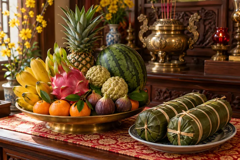 Mâm ngũ quả miền Trung trên bàn thờ: thanh long, nải chuối chín, dưa hấu, mãng cầu, trái thơm (dứa), quả sung và quýt trên mâm đồng; bên cạnh là đĩa hai đòn bánh tét gói lá và bình hoa mai.