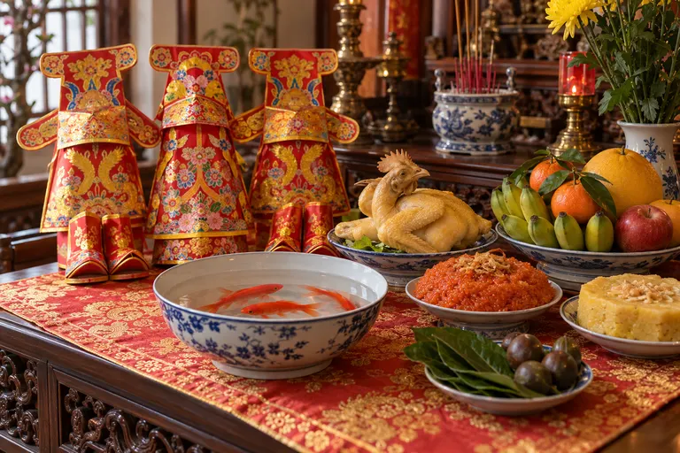Lễ cúng ông Công ông Táo miền Bắc: ba bộ mũ áo Táo quân bằng giấy đỏ vàng kèm hia, bát nước có cá chép đỏ, gà luộc, mâm quả chuối, bưởi, quýt, táo, đĩa xôi gấc, đĩa chè kho và đĩa trầu cau.