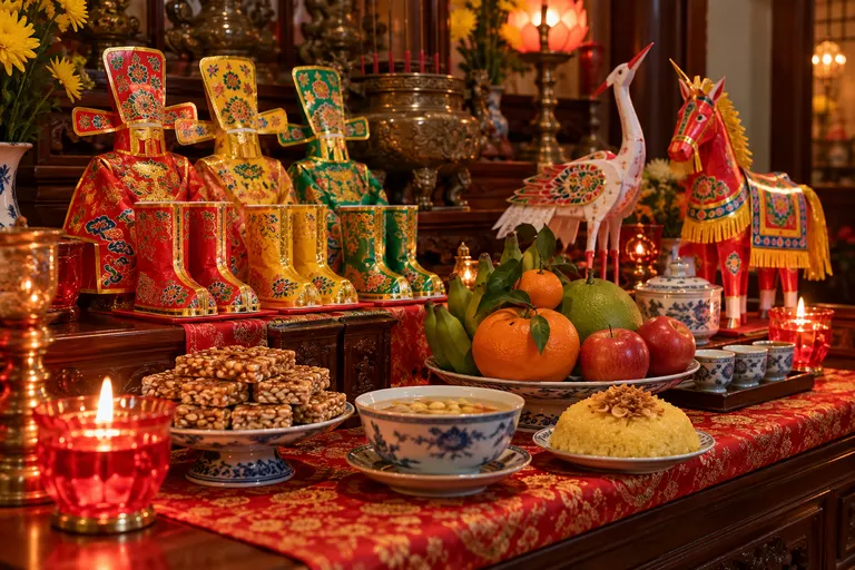 Lễ cúng ông Táo miền Nam: ba bộ mũ áo và hia giấy nhiều màu, con cò giấy và con ngựa giấy có yên cương, đĩa kẹo thèo lèo, chén chè, đĩa xôi, mâm trái cây và nến đỏ, không có cá chép.